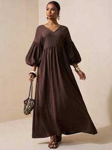 Zivah 2026 Spring/Summer New Music Festival, Easter, St. Patrick's Day, Valentine's Day, Date, Western, Nomadic, Birthday Party, Graduation, College, Student, Daily Wear, Basic Versatile, Casual, Vacation, Cruise Travel, Beach, Sunbathing, Viral , Streetwear, Wedding Guest Boho, Commute, Brunch, Airport, Party, Holiday Outing, Office Wear V-Neck 3/4 Sleeve Puff Sleeve Long A-Line Super Loose Linen Brown Maxi Dress - Brown - View 8