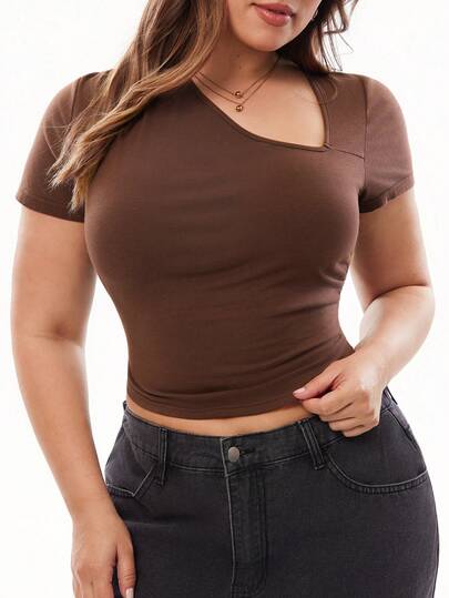 Solavibe Women's Plus Size Casual Solid Color Oblique Shoulder Fitted Short Sleeve T-Shirt, Summer Tops, Going Out Tops , Spring Clothes Women ,Brown Top , Casual Blouse For Women