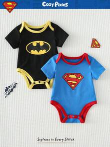 SUPERMAN X Cozy Pixies 2pcs Set Romper Bayi Perempuan Baru Lahir Motif Blok Warna Rajut Lembut Leher Bulat Lengan Pendek, Anak-anak - MultiWarna - View 6