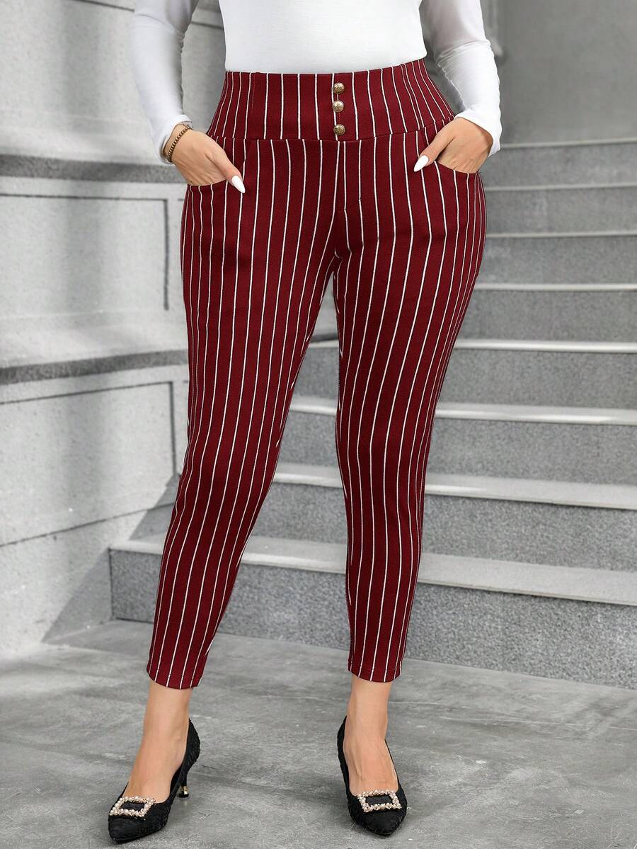 SHEIN Clasi Plus Size Women's Striped Button Decor Skinny Pants, Suitable For Work And Commute - Burgundy - View 1