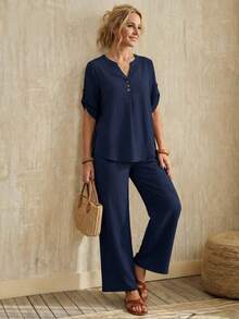 Faunlyn Mùa hè dành cho nữ màu trơn cổ chữ V cuộn tay áo sơ mi và quần ống rộng Bộ hai mảnh thông thường - Màu xanh hải quân - Xem 3