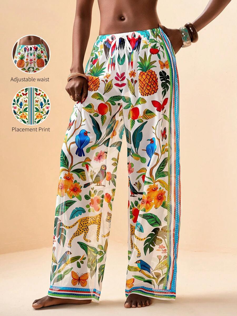 Zivah 2026 Vacation Casual Beach Sheer Retro Print Loose Pants & Cover-Up - Green - View 1