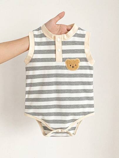 Souflis Souflis 1pc Baby Boys Casual Comfortable Knitted Striped Tank Bodysuit With Cartoon Bear Embroidery Patch Decor, Suitable For Outdoor Activities, Indoor Leisure, Summer, Infant Baby Boys Clothes, Newborn Baby Romper, Baby Bodysuit, Kid Clothes, Toddler Clothes, Baby Outfit, 1M-2T