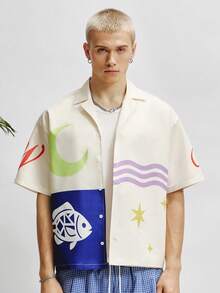 TOKVUE Áo sơ mi nam tay ngắn cài một hàng khuy, họa tiết trăng và sao năm cánh - Nhiều màu - Xem 5