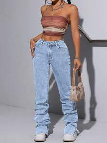 SHEIN ICON 大码浅蓝色时尚休闲夏季百搭牛仔裤 - 淺色水洗藍 - 查看 3