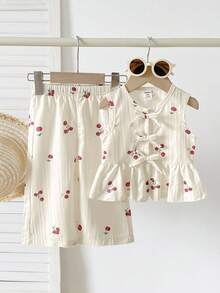 SHEIN 2件套女婴幼儿/新生儿0-3岁春夏休闲甜美日常度假条纹梭织无袖上衣和阔腿裤套装 - 杏色 - 查看 1