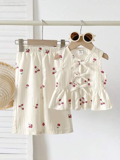 SHEIN 2件套女婴幼儿/新生儿0-3岁春夏休闲甜美日常度假条纹梭织无袖上衣和阔腿裤套装