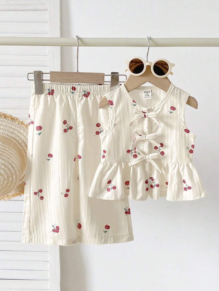 SHEIN 2件套女婴幼儿/新生儿0-3岁春夏休闲甜美日常度假条纹梭织无袖上衣和阔腿裤套装 - 杏色 - 查看 1