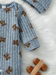SHEIN 2pcs Baby Boy Set: Ribbed Fabric Bear Print Long Sleeve Romper & 3D Bear Ear Hat, Suitable For Home, Outing, Vacation And Other Occasions - Blue - View 4