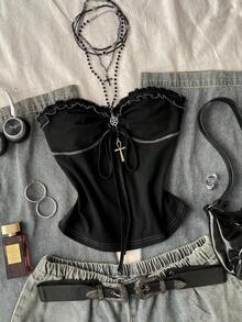 Attitoon 女士休闲复古紧身抹胸上衣，撞色设计，胸前褶皱，适合女士夏季日常穿着 - 黑色 - 查看 6