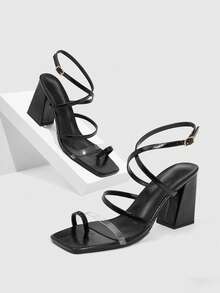 CUCCOO SZL Women's Black PU Toe-Ring Buckle Strap Fashionable Square Toe Chunky Heel Sandals - Black - View 1