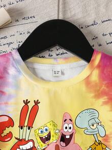 SpongeBob SquarePants | SHEIN Young Girls Minimalist Print Round Neck Short Sleeve T-Shirt - White - View 3