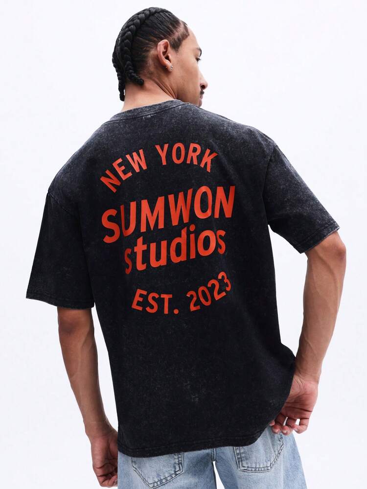 Vintage Washed Crew Neck Tee With Back Text Print