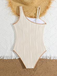 SHEIN Traje de baño de una pieza para adolescentes, tela jacquard blanca y de punto, decoración con tirantes con estrellas, conjunto de una pieza, moda casual elegante, adecuado para nadar, vacaciones de verano, playa, piscina, fiesta de vacaciones - Blanco - Ver 2