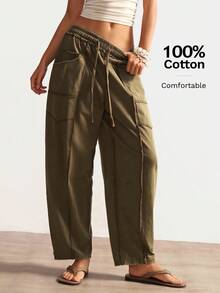 Bohemela Pantalones casuales sueltos de unicolor con cordón en la cintura y bolsillos, talla grande - Verde militar - Ver 8