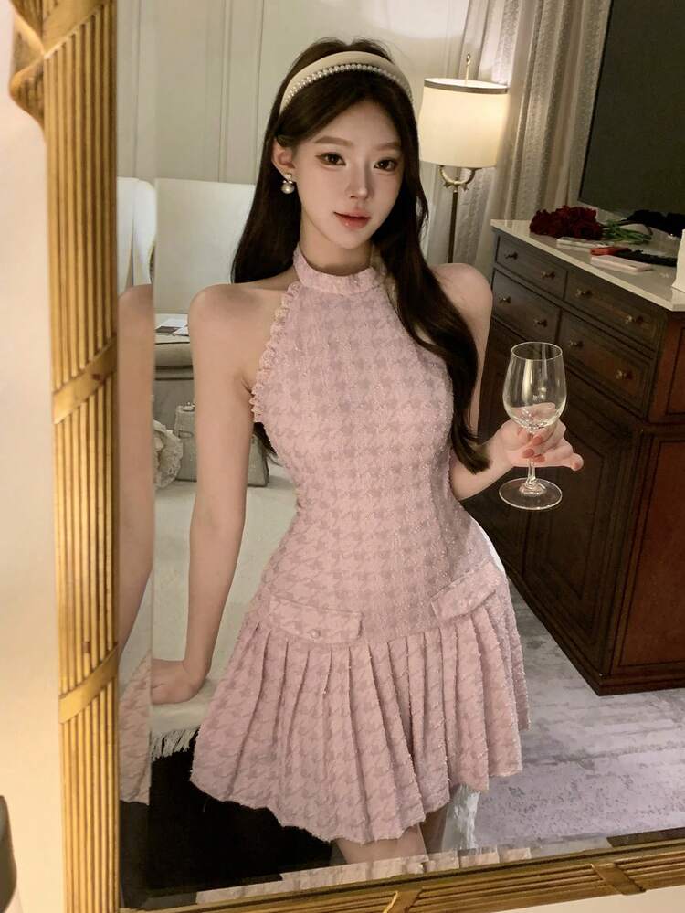 Spring & Summer Fashion Plaid Pink Pleated Skirt With Pocket Decor Tank Dress, Suitable For Valentine's Day, Wedding, Party, Formal Occasion, Elegant Slim Fit Mini Dress For Women Sun Dresses For Women