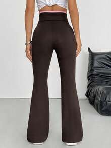 SHEIN EZwear 女士休闲喇叭裤，撞色腰带，粉色和棕色，春夏款 - 彩色 - 查看 2