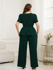 Bộ đồ 2 món cỡ lớn, thanh lịch, màu trơn, vạt áo bất đối xứng, thích hợp đi làm. - màu xanh lá - Xem 2