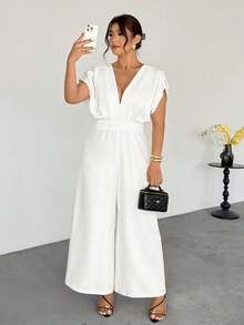 Firerie 女士夏季纯色深V领蝙蝠袖阔腿连体裤/白色亚麻服装/七月四日服装/海滩度假服装/商务休闲女装/办公室/夏季服装/毕业服装/下午茶聚会/优雅露背吊带/优雅露背吊带连体裤 - 白色 - 查看 5