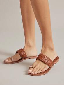 SHUZIA New Women's Tan Color, Ring-Loop Weave Flat Sandal Non-Slip Stylish Comfort Open Toe Spring Summer Chic Holiday Beach Wear Shoes - Maroon - View 5