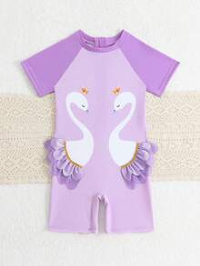 SHEIN 1pc Girls' Swan Quick-Dry Comfortable Knitted One-Piece Swimsuit,Short Sleeve Purple Rash Guard Kids Swimwear For Summer,Beach,Holiday & Vacation - Purple - View 4