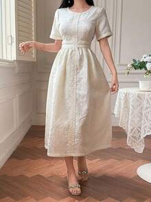 DAZY 女士优雅花卉蕾丝圆领泡泡袖鱼尾中长连衣裙，夏季 - 米色 - 查看 6