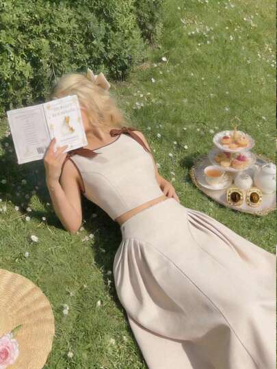 SHEIN MOD Khaki Sleeveless Round Neck Color-Blocked Trim Bow Waist-Defined Flared Dress Vest And Long Skirt Set – Vintage Court Style, Old Money Aesthetic, Workwear, Back-To-School, Date, Party, Festival, And Birthday.Beige Two Piece Set Midi Skirt Sleeveless Crop Top Bow Shoulder Straps Elegant A Line Artistic Minimalist Soft Touch Flowy Textured Lightweight Chic Natural Look Timeless Graceful Feminine High Waist Classic Design,Summer Holiday Outfits, Vacation Outfits , Carnival Costume , Valentines Day Outfit  , Valentine Outfits For Women , Summer Outfits , Spring Break Outfits