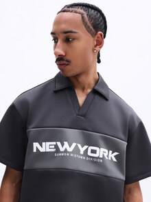 SUMWON Cropped Boxy Fit Polo Shirt With Chest Print Casual Short Sleeve Collared Top Summer Urban Streetwear Style - Dark Grey - View 6