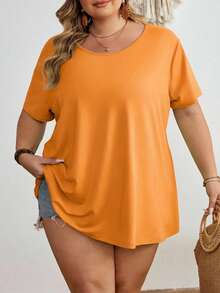 SHEIN CURVE+ Áo thun tay ngắn cổ tròn màu trơn cỡ lớn kiểu dáng thường ngày - trái cam - Xem 8