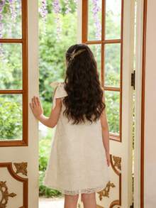 少女优雅时尚3D立体花卉网纱设计夏季连衣裙 - 杏色 - 查看 9