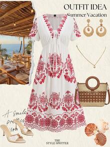 Ellevyn 女士新款优雅V领印花度假连衣裙，带口袋，适合海滩、毕业典礼、节日、夏季等场合，也可作为乡村风格服装、夏季连衣裙、休闲连衣裙、度假装、红色刺绣连衣裙、野餐连衣裙、母亲节礼物、A字连衣裙，适合节日、海滩约会、夏季休闲连衣裙、沙滩连衣裙、罩衫等场合。 - 彩色 - 查看 3