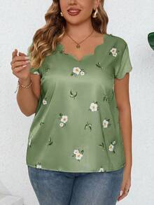 Reflora Camisa de verano de talla grande con ribete de concha y estampado tejido - verde menta - Ver 5