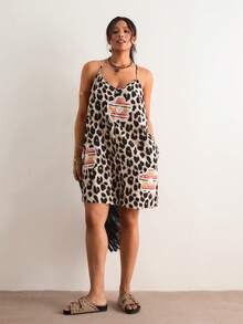 Freevana Plus Size Women Floral Applique & Leopard Print Pocketed Casual Jumpsuit - Khaki - View 6