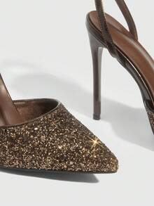 CUCCOO SZL 女鞋尖头细高跟浅咖啡色亮片踝带后跟女鞋简约优雅时尚性感派对宴会夜店女高跟鞋女鞋 - 格力特香檳48 - 查看 6