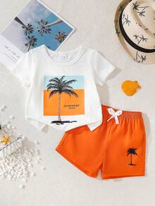 SHEIN Playful Pals 2pcs/Set Infant/Toddler Baby Boy White Summer Casual Beach Vacation Holiday Palm Tree & Letter Print T-Shirt And Drawstring Shorts Hawaiian Outfits - Orange - View 6