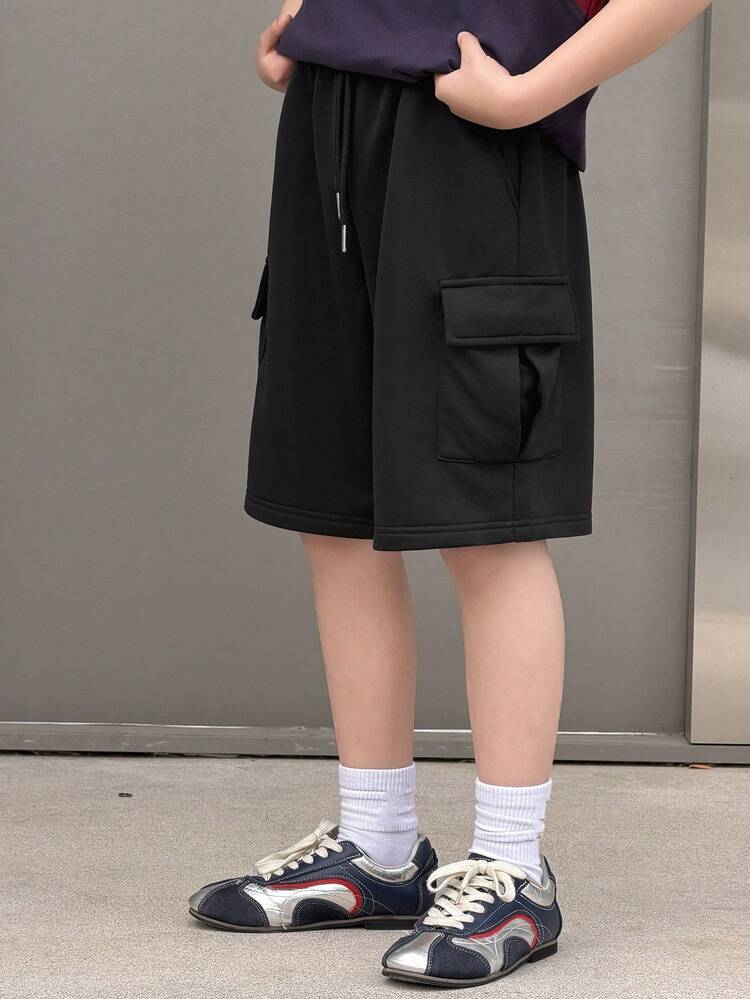 Tween Boy Solid Color Drawstring Waist Casual Cargo Shorts