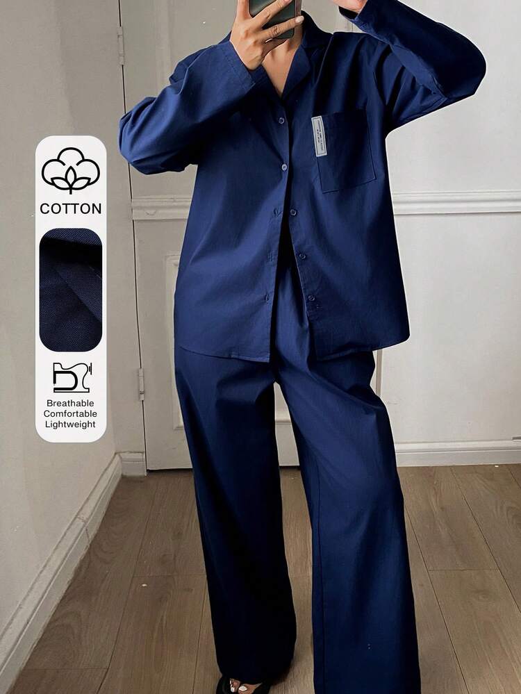 Solid Button Front Shirt & Pants PJ Set