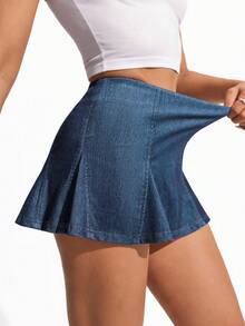 Flexra Solid Color Elastic Casual Versatile Denim Mini Skirt, Spring/Summer - Medium Wash - View 6