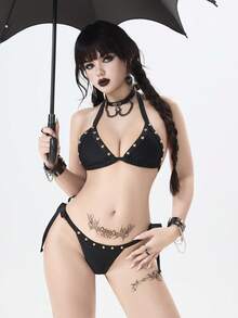 ROMWE Gothic Black Goth Bikini Set,Summer Beach Party Mysterious Aesthetic Metal Stud Matte Gold Rivet Lace-Up Halter Backless Swimwear Two Pieces Set - Black - View 5