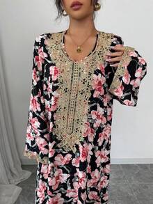 Al Najma 女士优雅拼接水溶蕾丝长袖连衣裙，秋季款 - 黑色 - 查看 6