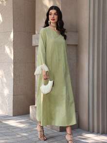 Al Najma New  Cotton Jacquard Patchwork Tassel Trim Arabic Turkish Style Long Robe - Green - View 6