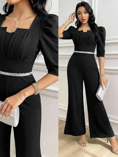 Modelyn Women's Solid Color Square Neck Ruffle Elegant Short Sleeve Jumpsuit