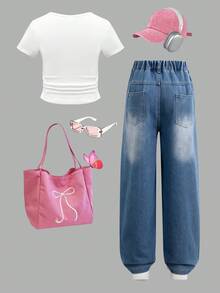 SHEIN 2pcs/Set Girls Butterfly Collar Design Straight Leg Jeans & Short Sleeve T-Shirt - Blue - View 2