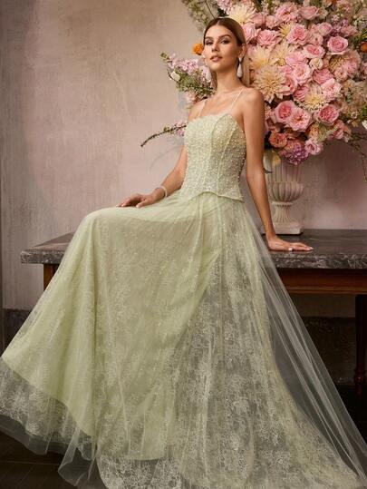 MOTF Soiréza ELEGANT ULTRA-THIN SPAGHETTI STRAPS MAXI PARTY DRESS FOR WOMEN, SHIMMERING SEQUIN CONNECT LACE WITH PEARL EMBELLISHMENTS, OVERSIZED LAYERED TULLE DRESS, BODYCON FIT FOR EVENING EVENTS & FORMAL CELEBRATIONS, WEDDING CEREMONIES, RED CARPET EVENTS, BLACK TIE DINNERS, AND CHARITY BALLS​ NEW YEAR MATCHING OUTFITS