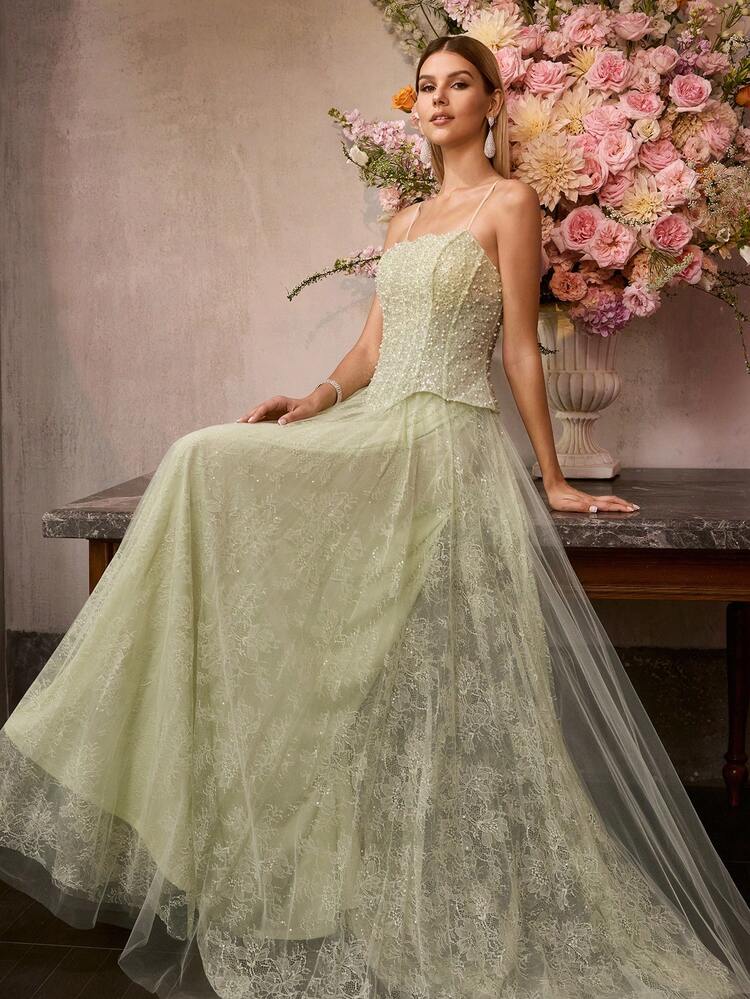 MOTF Soiréza ELEGANT ULTRA-THIN SPAGHETTI STRAPS MAXI PARTY DRESS FOR WOMEN, SHIMMERING SEQUIN CONNECT LACE WITH PEARL EMBELLISHMENTS, OVERSIZED LAYERED TULLE DRESS, BODYCON FIT FOR EVENING EVENTS & FORMAL CELEBRATIONS, WEDDING CEREMONIES, RED CARPET EVENTS, BLACK TIE DINNERS, AND CHARITY BALLS​ NEW YEAR MATCHING OUTFITS