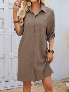 EMERY ROSE 女士纯色露肩中袖前扣休闲宽松连衣裙 - 棕色 - 查看 3