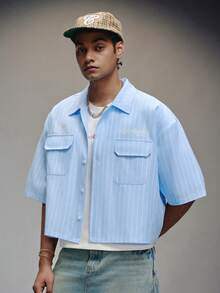 PAVTROS Men's Striped Casual Summer Front Button Loose Short Sleeve Shirt - Blue and White - View 1