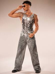 FeverCity Men's Sequin Hollow-Out Silver Tank Top - Silver - View 6