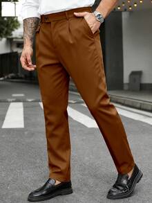 Manfinity Mode 加大码男士纯色斜插口袋袖休闲时尚裤 - 棕色 - 查看 6