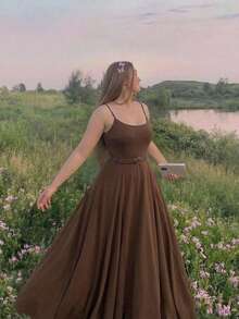 SHEIN MOD Plus Size Women Brown Long Dress With Belt,Extra Long Brown Dress With Belt,  Dress,Holiday Outfits,Outfit,Boho,Long Dress,Sundress,Western Women Outfits,Birthday Dresses For Women - Coffee Brown - View 3